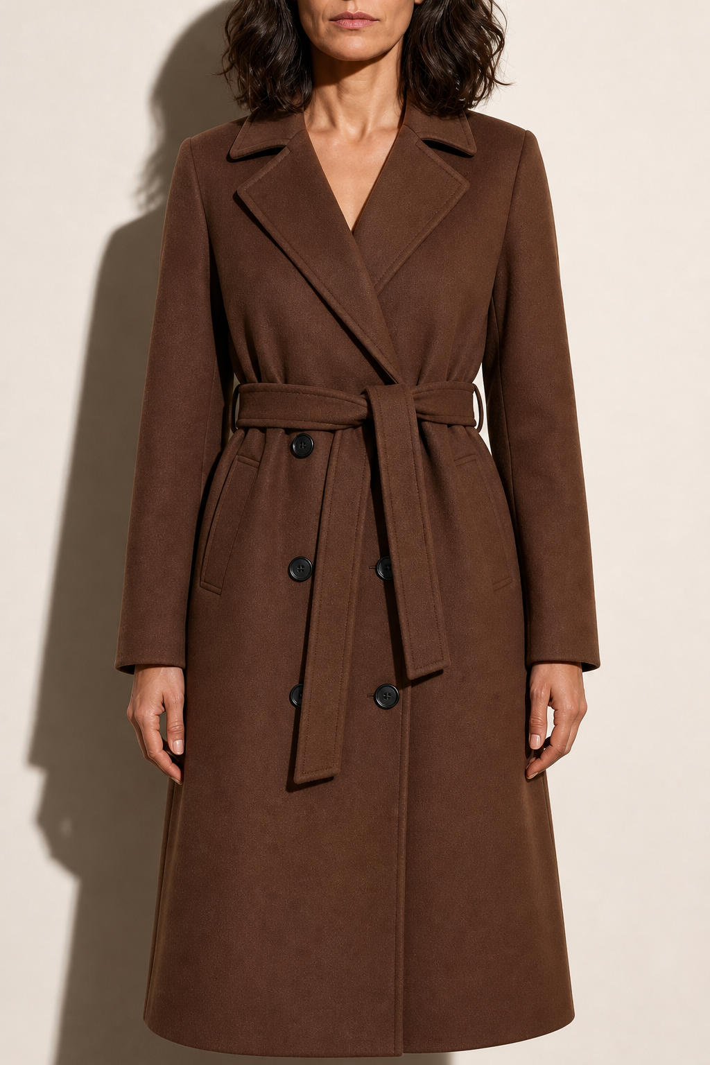 AI Catalog | Women’s Long Coat with Belt and Double-Breasted Front | Brown | 05-zoom