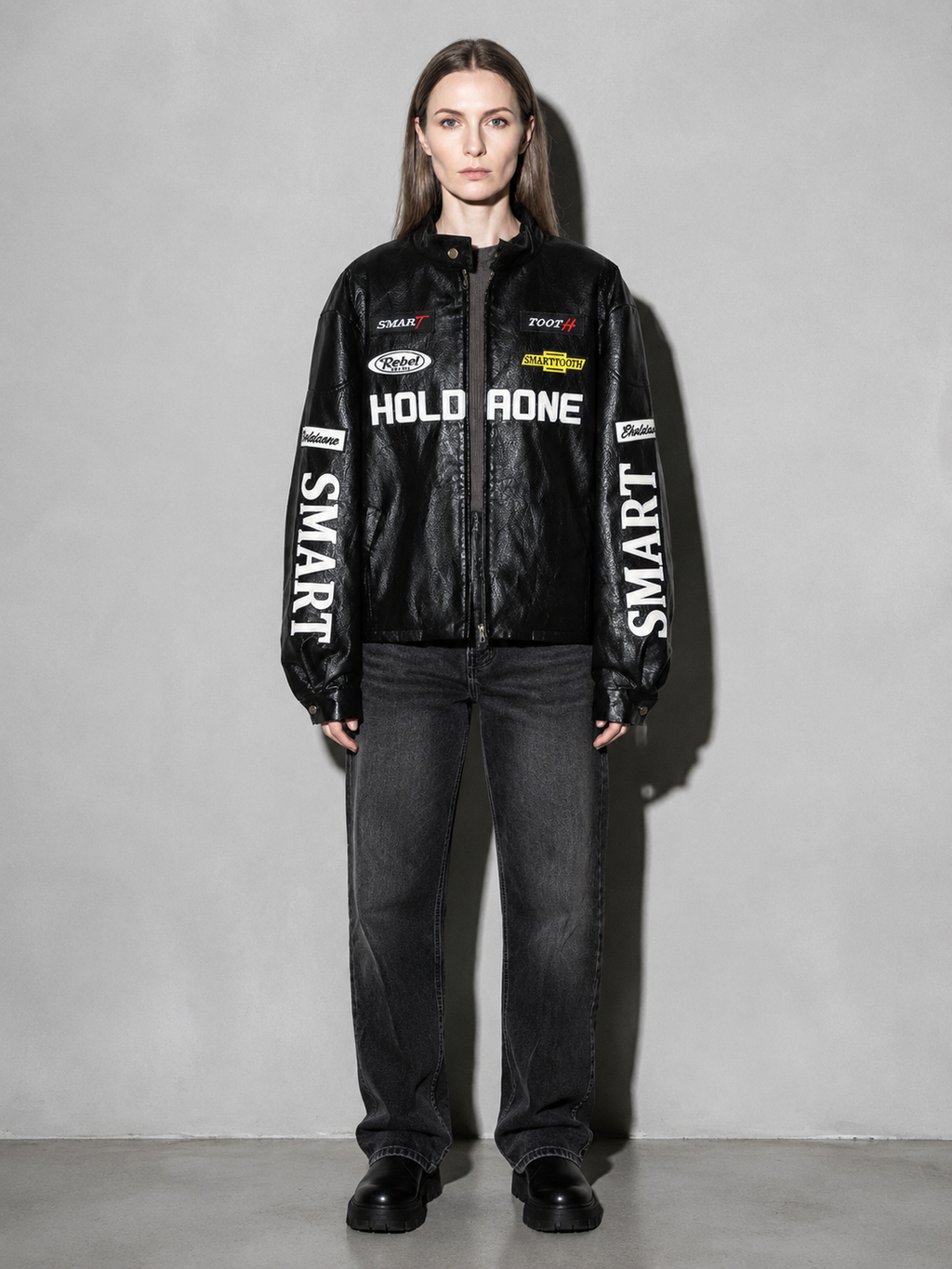 Code Culture catalog | womens-loose-letter-racing-motorcycle-jacket | color-black | full body