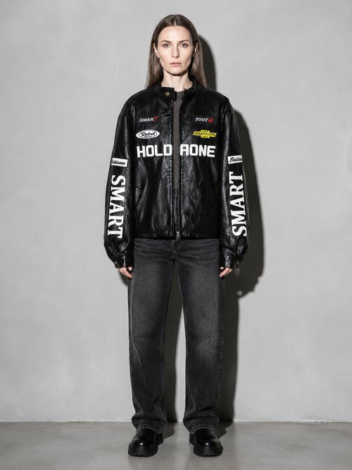 Code Culture catalog | womens-loose-letter-racing-motorcycle-jacket | color-black | full body