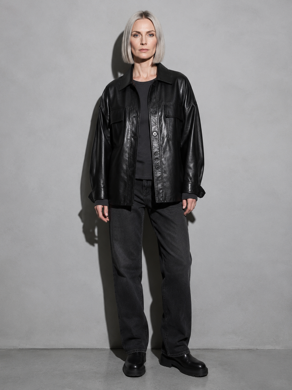 Code Culture catalog | korean-style-lapel-loose-temperament-leather-jacket | color-black | full body