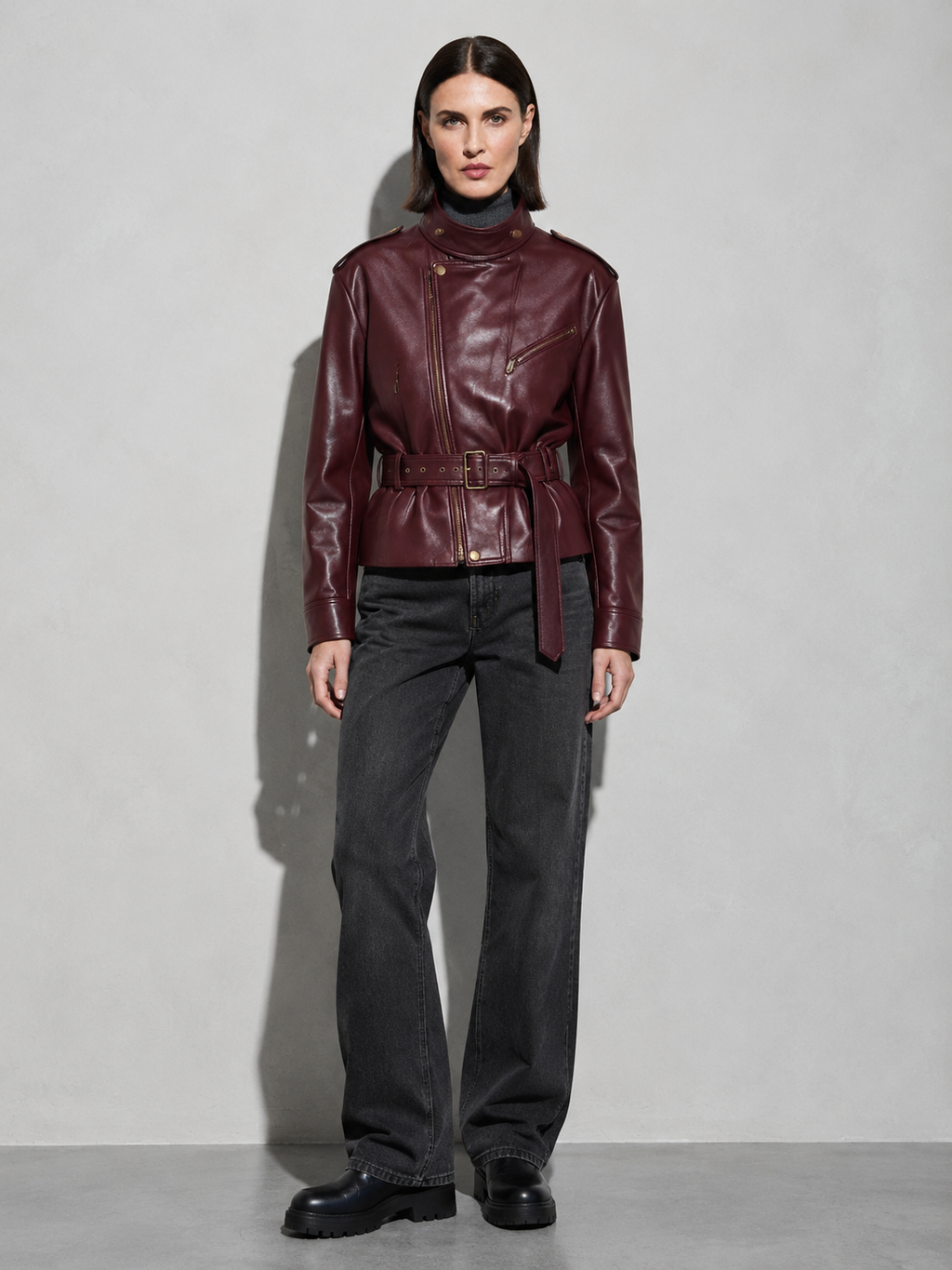 Women's Burgundy Faux Leather Belted Moto Jacket with High Funnel Neck — Full Length Silhouette View