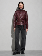 Women's Burgundy Faux Leather Belted Moto Jacket with High Funnel Neck — Full Length Silhouette View
