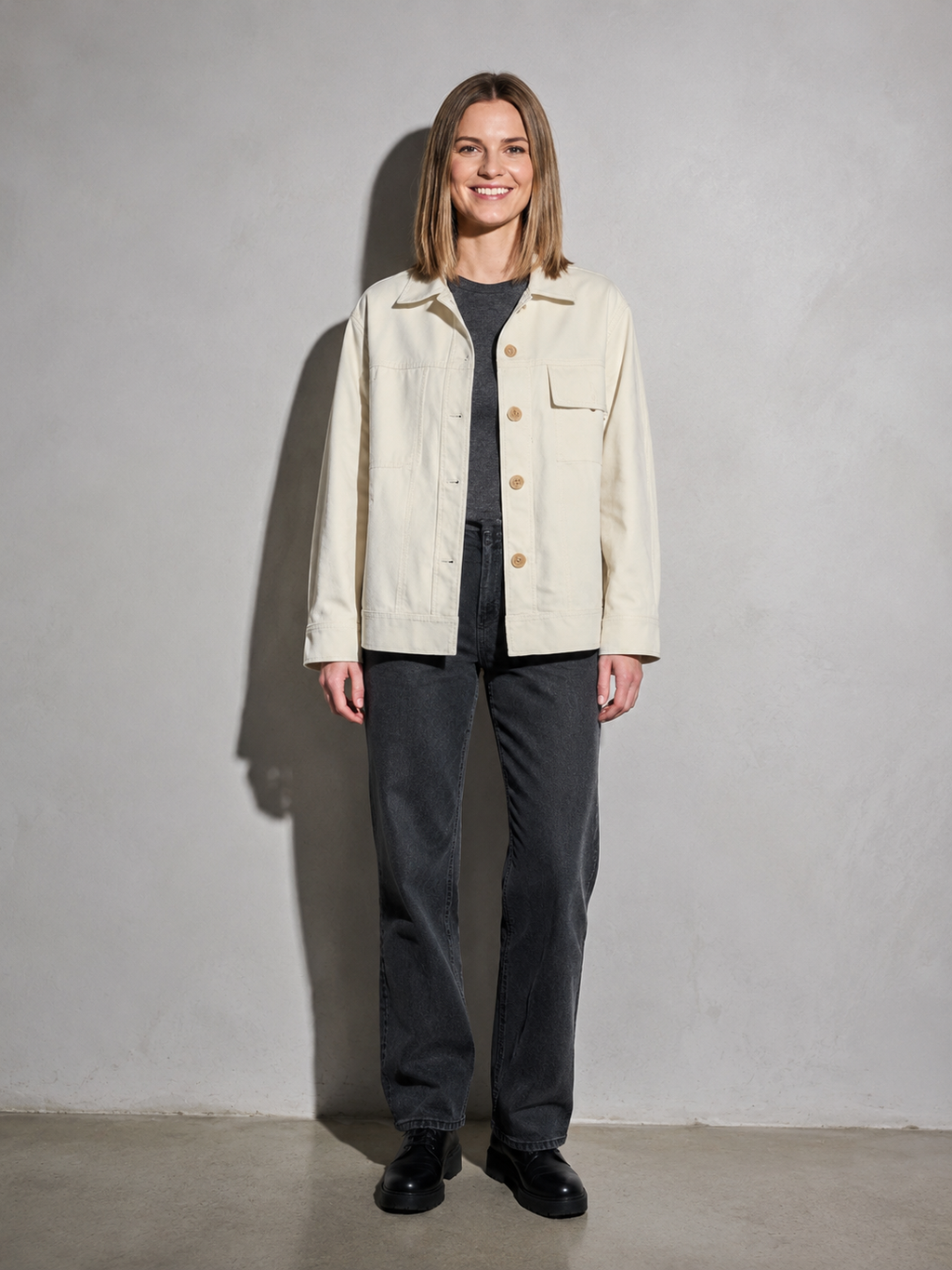 Code Culture catalog | korean-style-lapel-loose-temperament-leather-jacket | color-beige | full body