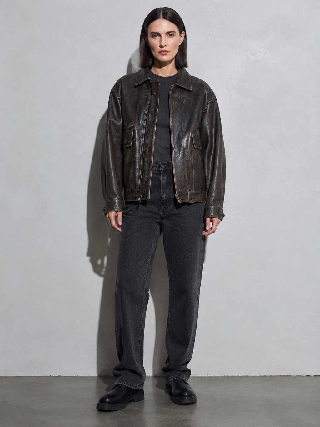 Women's Oversized Distressed Dark Brown Leather Jacket — Full Length Silhouette View
