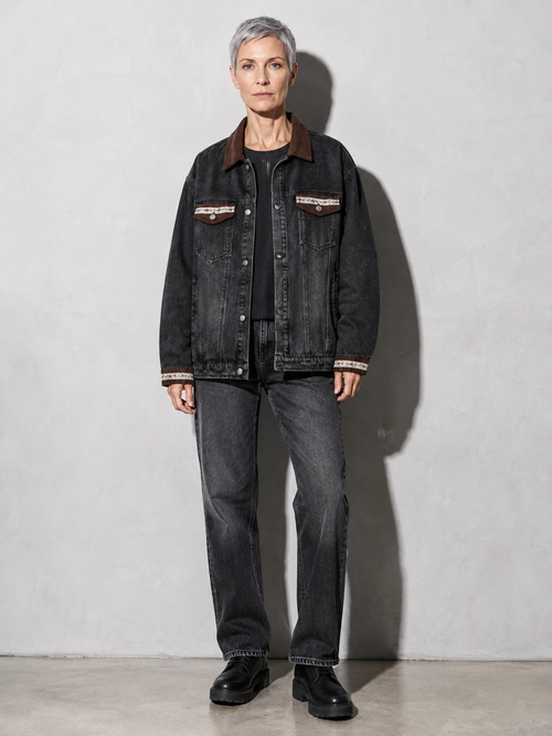 Code Culture catalog | punk-loose-wash-distressed-denim-jacket | color-black | full body