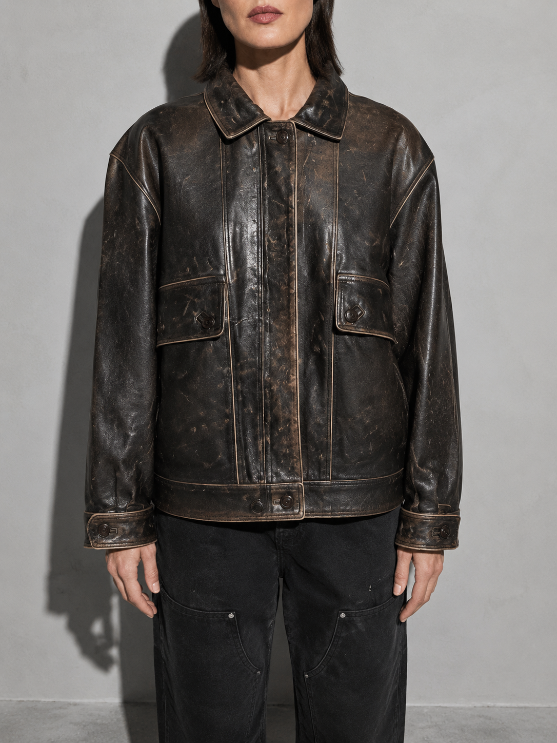 Women's Oversized Distressed Dark Brown Leather Jacket — Close-Up Texture & Detail