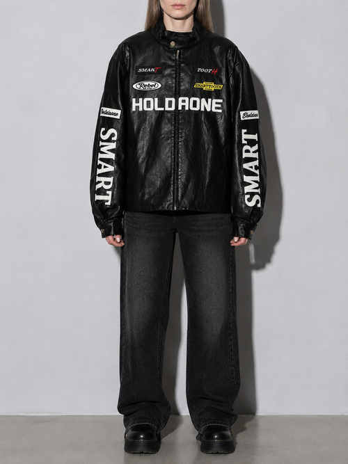 Code Culture catalog | womens-loose-letter-racing-motorcycle-jacket | color-black | zoom detail