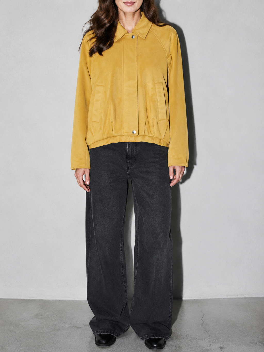 Code Culture catalog | womens-fashion-suede-bomber-jacket-coat | color-ginger-yellow | zoom detail