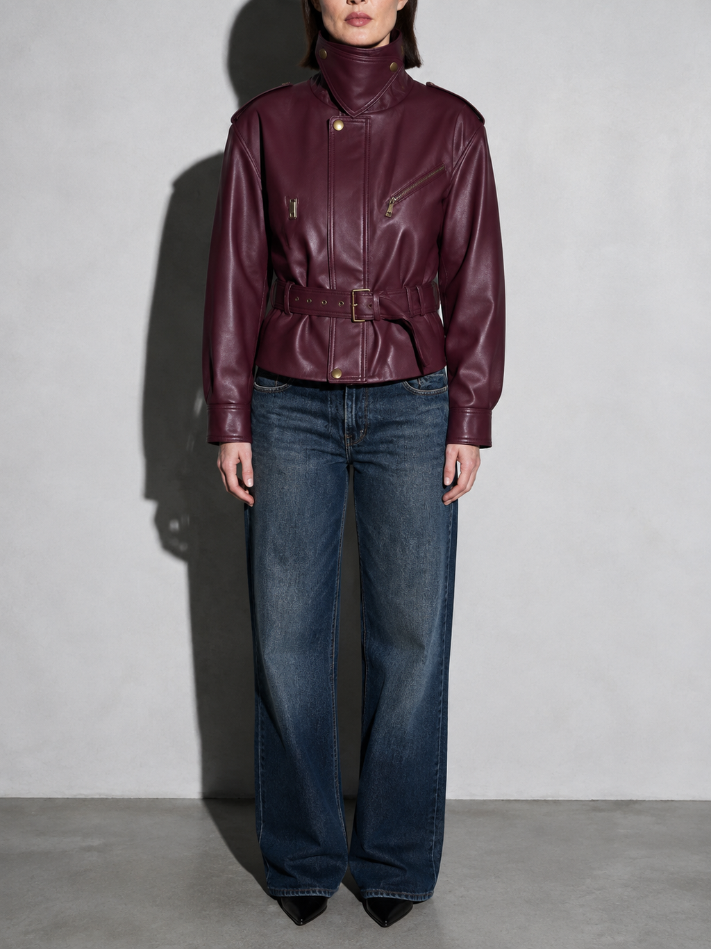 Women's Burgundy Faux Leather Belted Moto Jacket with High Funnel Neck — Close-Up Texture & Detail