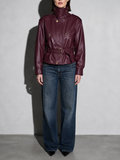 Women's Burgundy Faux Leather Belted Moto Jacket with High Funnel Neck — Close-Up Texture & Detail