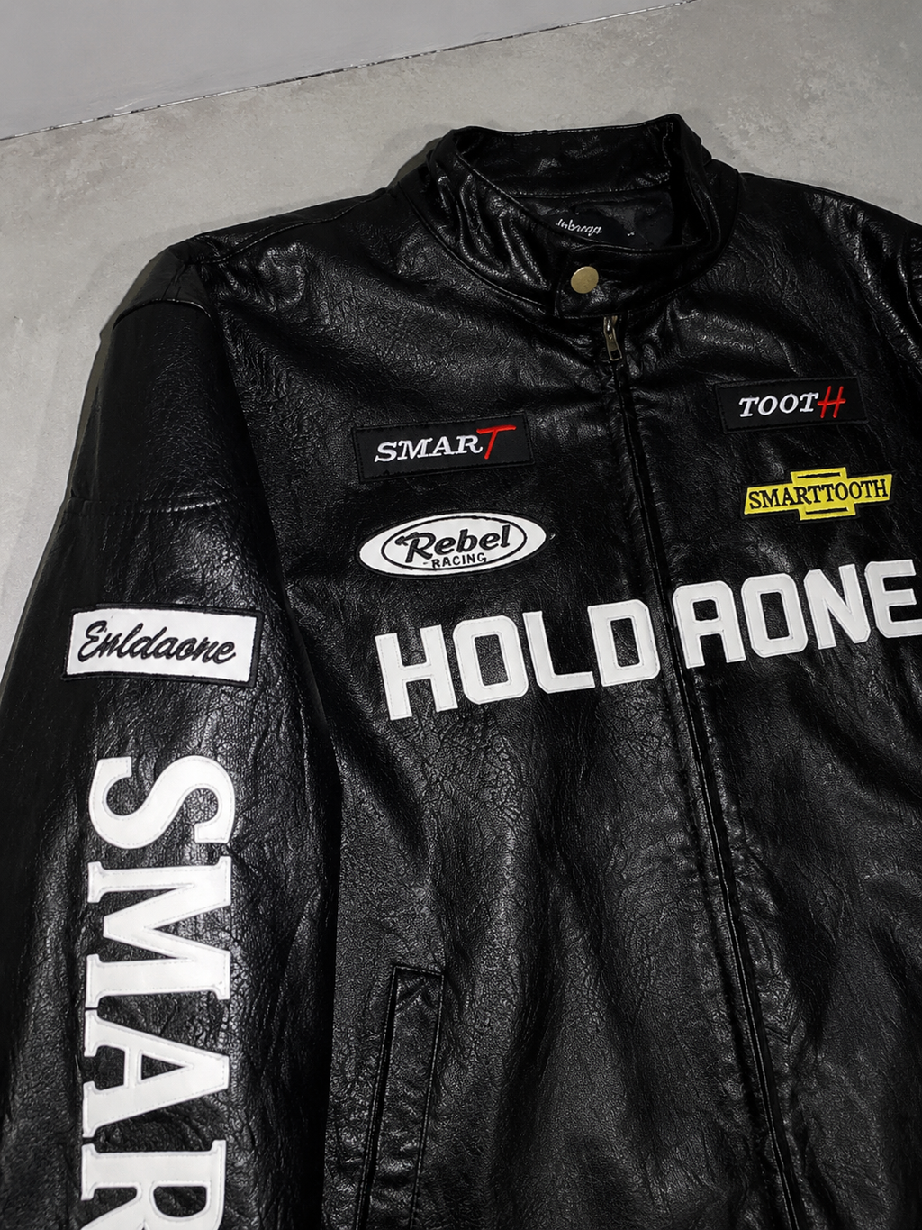 Code Culture catalog | womens-loose-letter-racing-motorcycle-jacket | color-black | macro flat lay