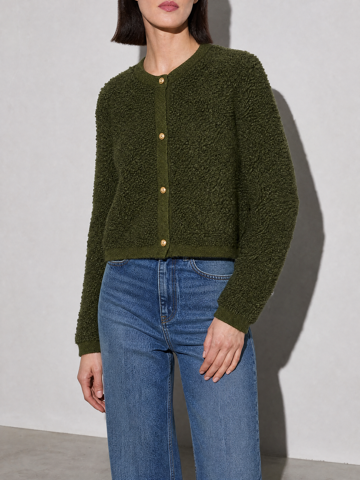 Women's Cardigan Textured Button Front in Army Green — Mid-Length Torso Fit View