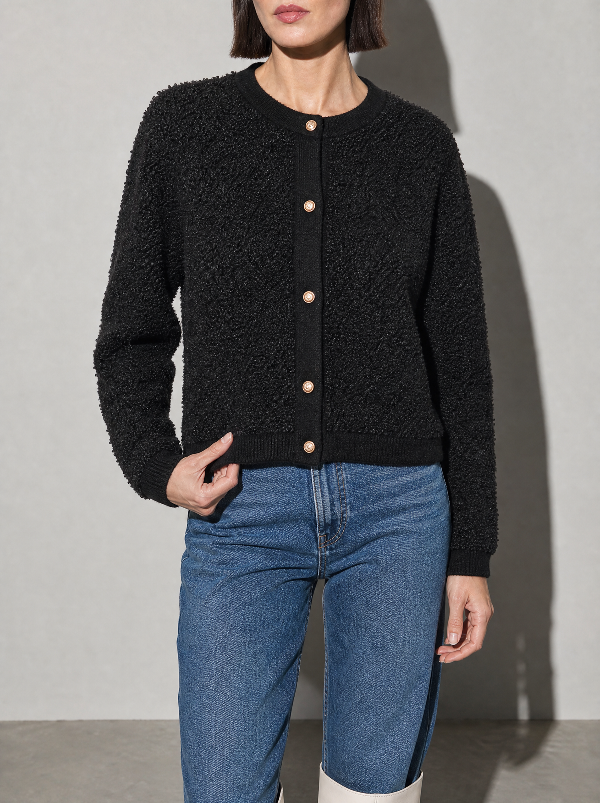 Women's Cardigan Textured Button Front in Black — Mid-Length Torso Fit View
