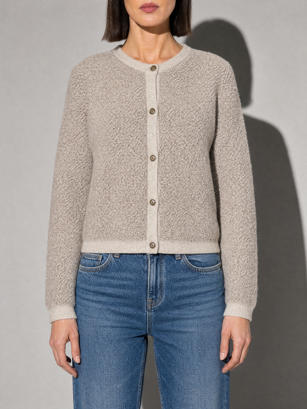Women's Cardigan Textured Button Front in Khaki — Mid-Length Torso Fit View