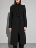 Loose Slim Fit Woolen Coat Mid-length Woolen Coat in Black - bust to thigh view