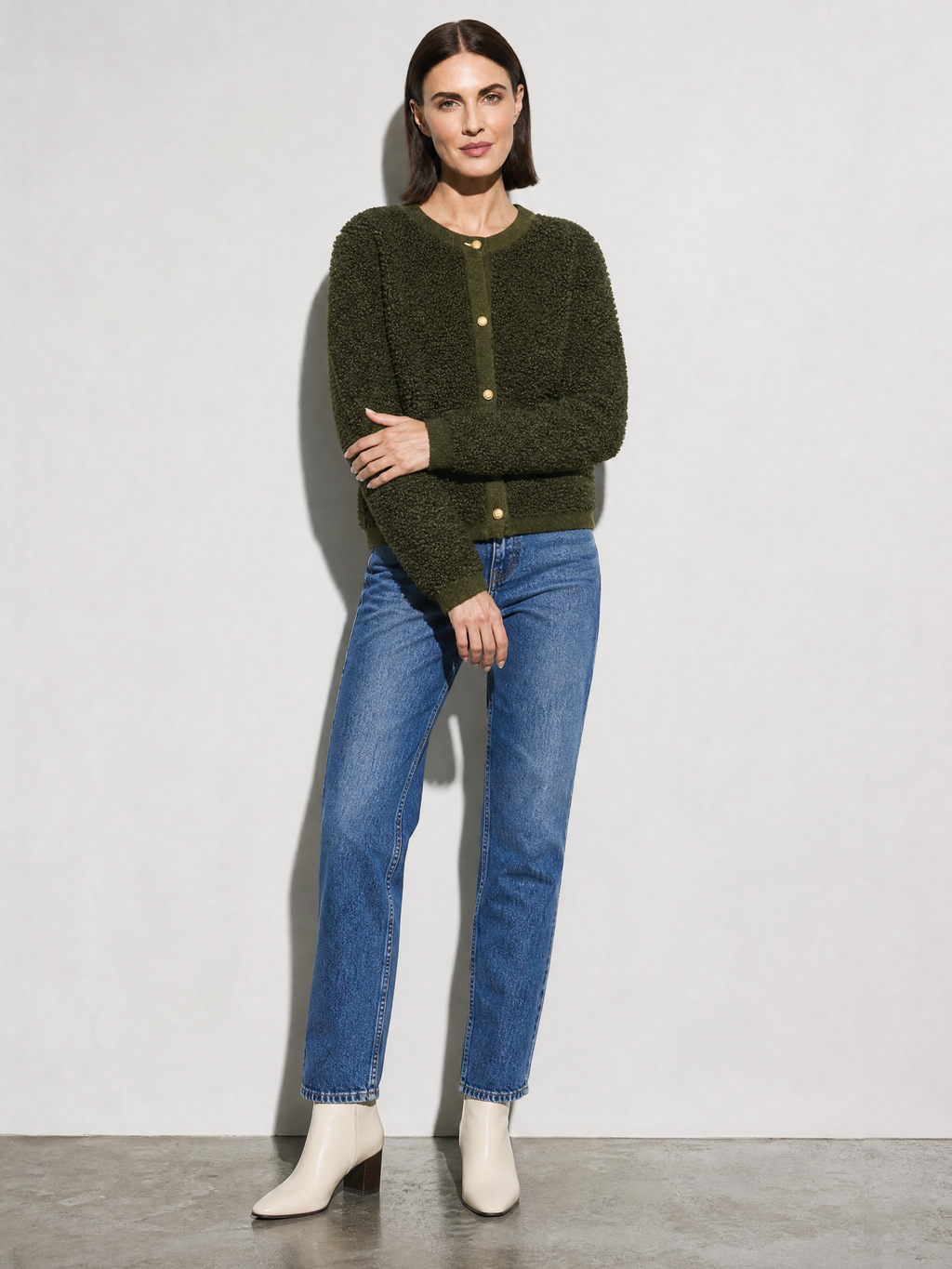Women's Cardigan Textured Button Front in Army Green — Back View