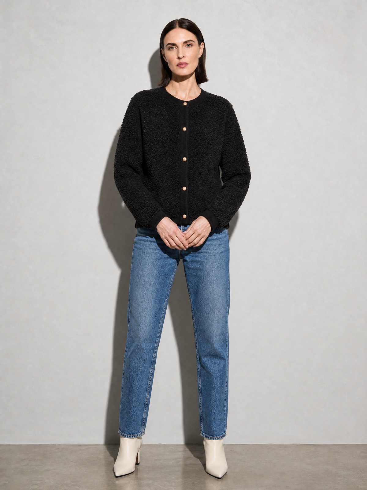 Women's Cardigan Textured Button Front in Black — Collar & Neckline Detail