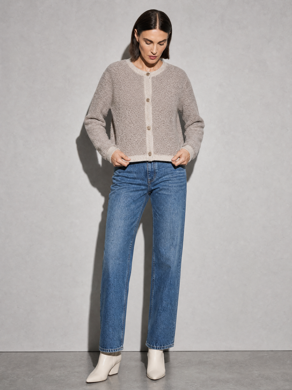 Women's Cardigan Textured Button Front in Khaki — Action & Wear Detail