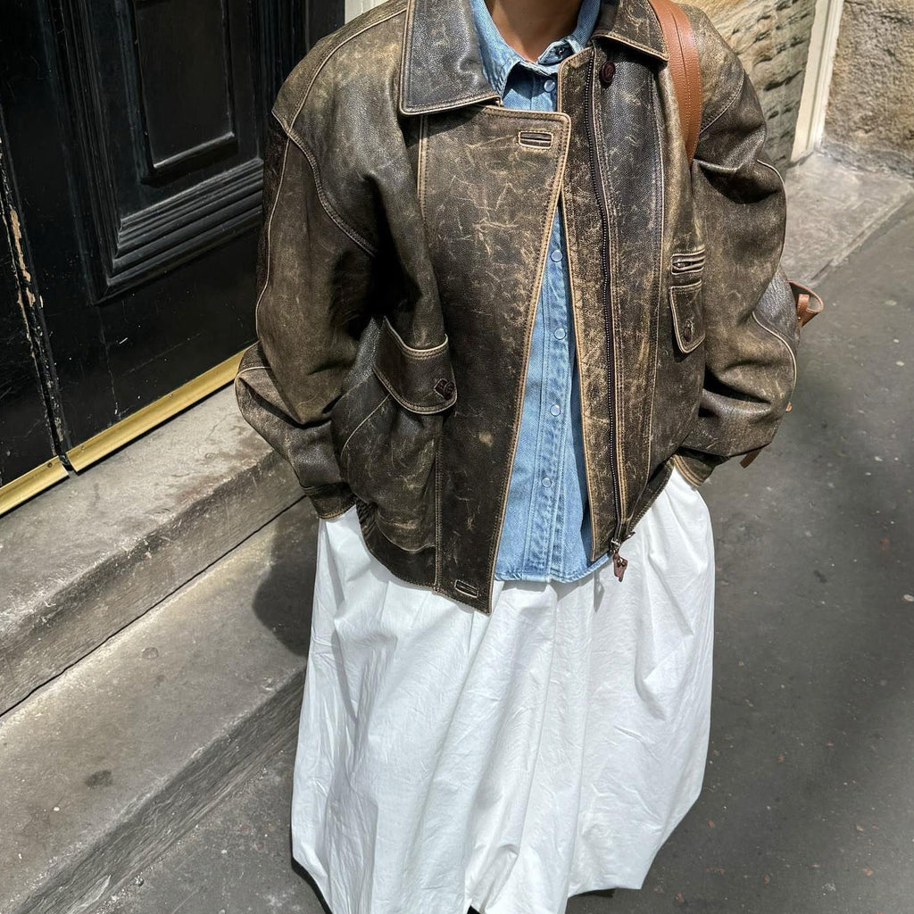 Women's Oversized Distressed Dark Brown Leather Jacket — Collar & Neckline Detail