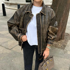Women's Oversized Distressed Dark Brown Leather Jacket — Sleeve & Cuff Detail