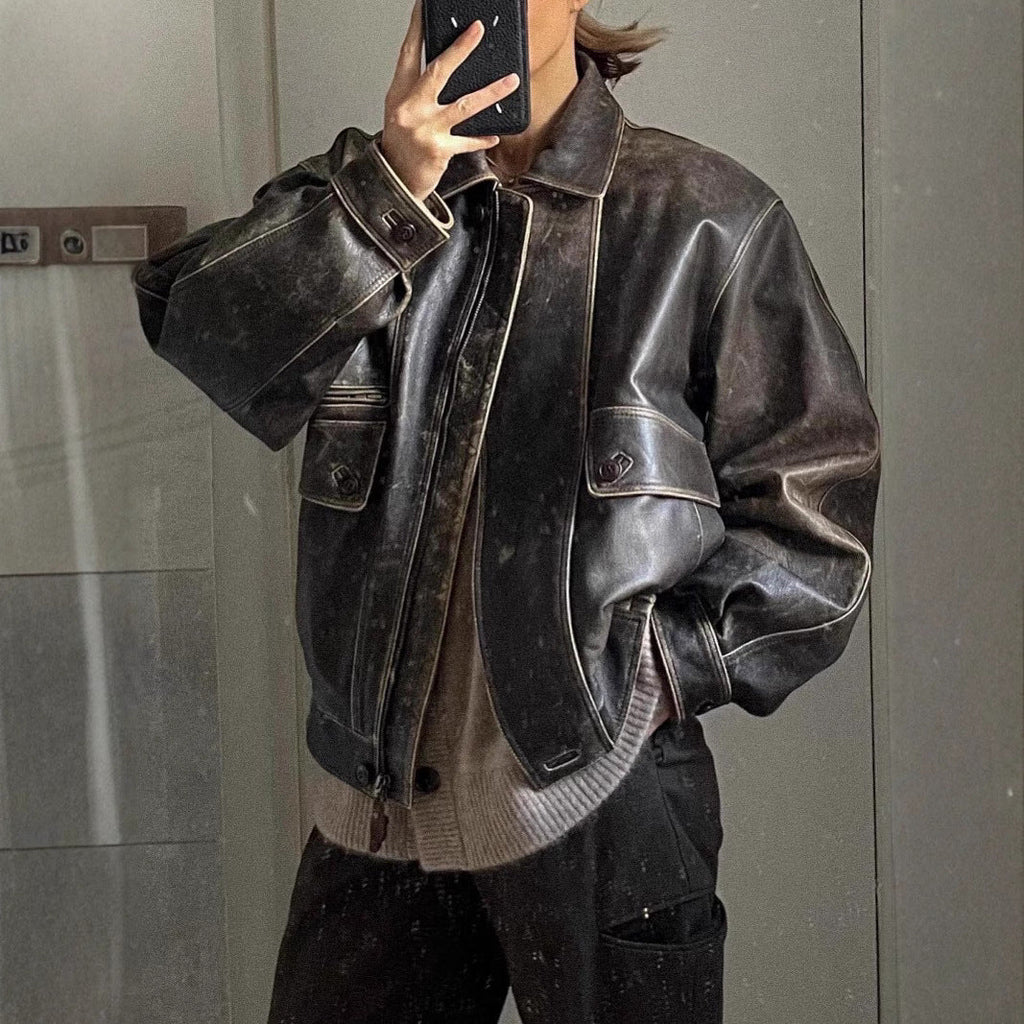 Women's Oversized Distressed Dark Brown Leather Jacket — Back View