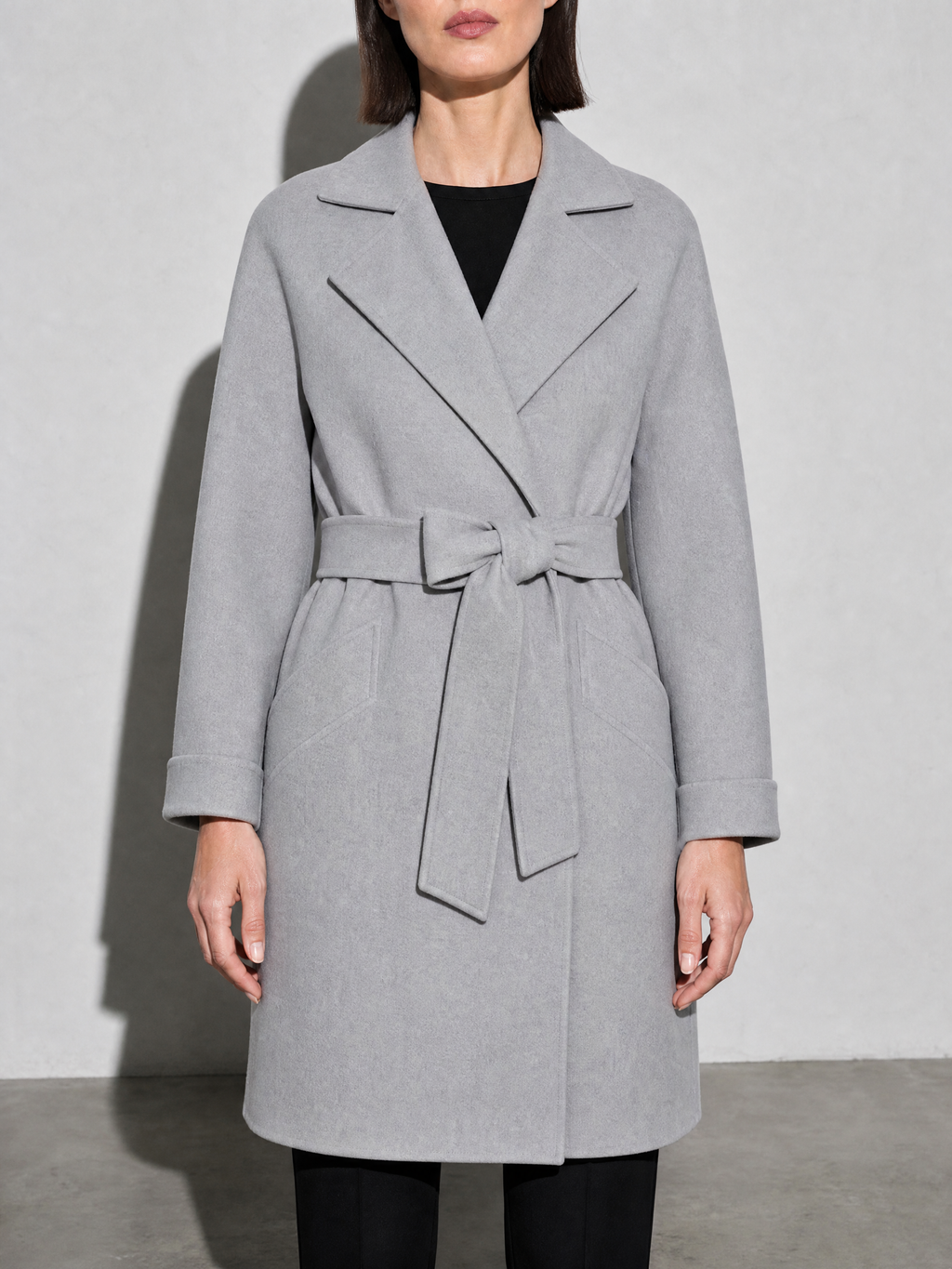 Women's Long Sleeve Woolen Coat in Gray - bust to thigh view