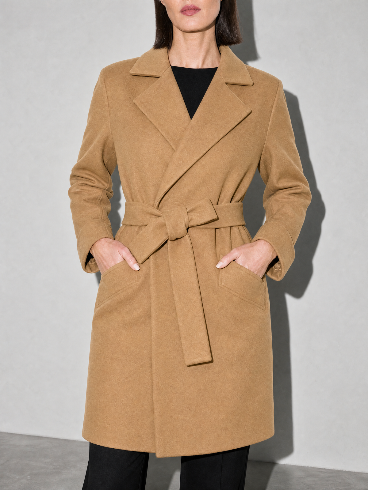 Women's Long Sleeve Woolen Coat in Khaki - bust to thigh view