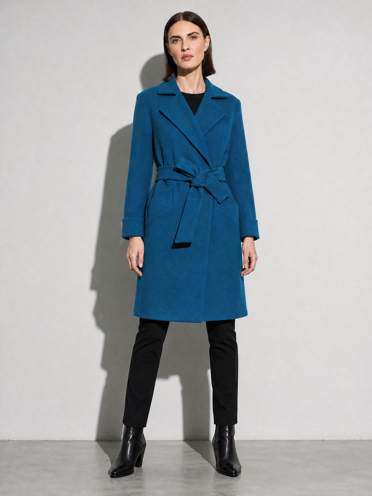 Women's Long Sleeve Woolen Coat in Lake Blue - main view