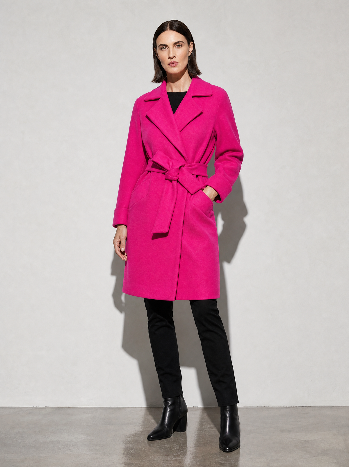 Women's Long Sleeve Woolen Coat in Rose Red - main view