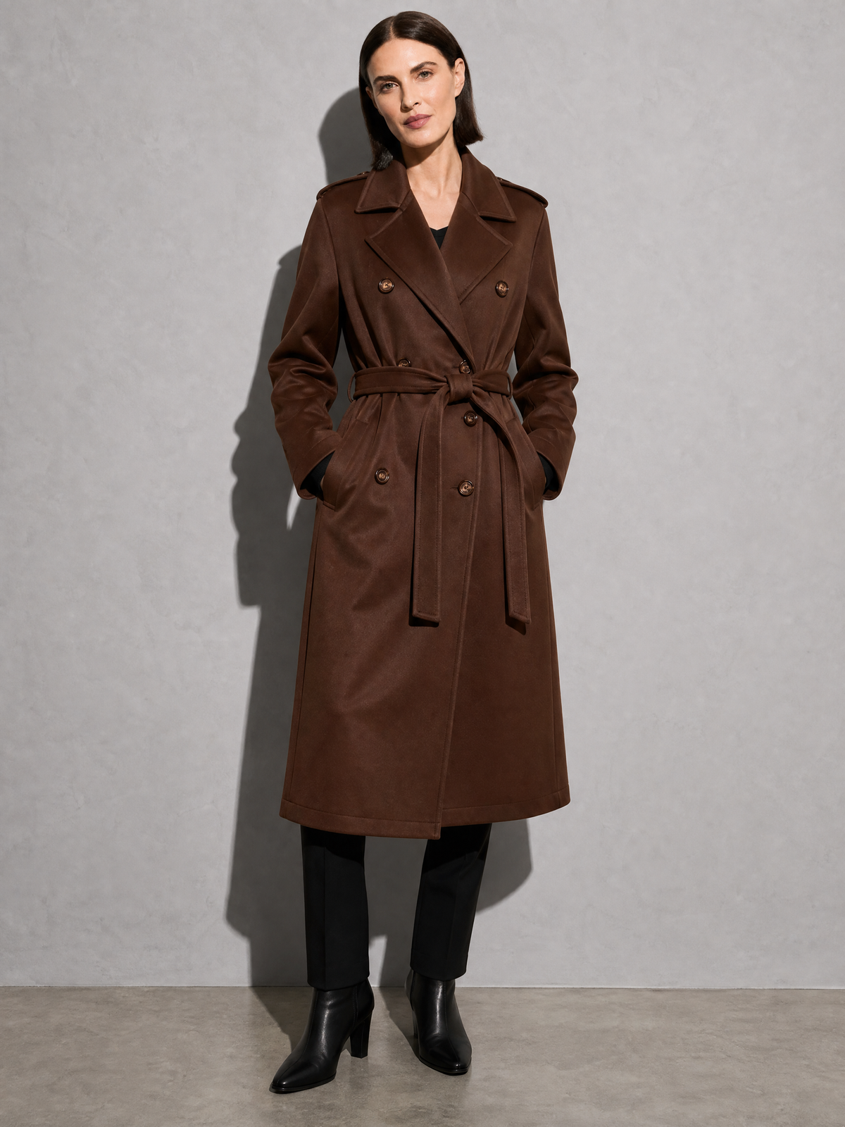 Double-breasted Belted Mid-length Wool Coat in Dark Brown - main view