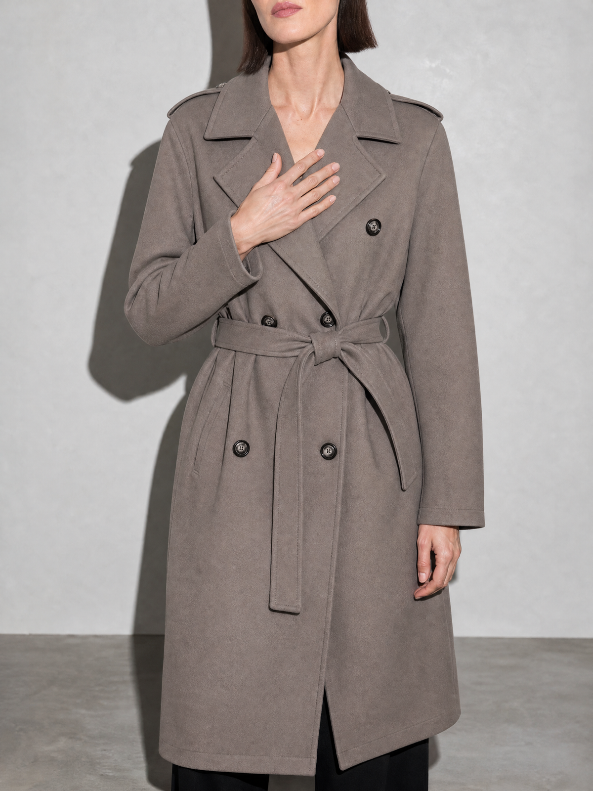 Double-breasted Belted Mid-length Wool Coat in Dark Gray - bust to thigh view