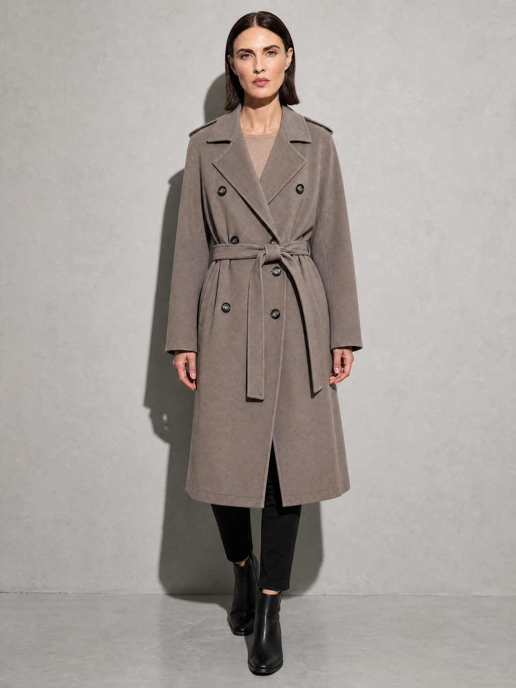 Double-breasted Belted Mid-length Wool Coat in Dark Gray - main view