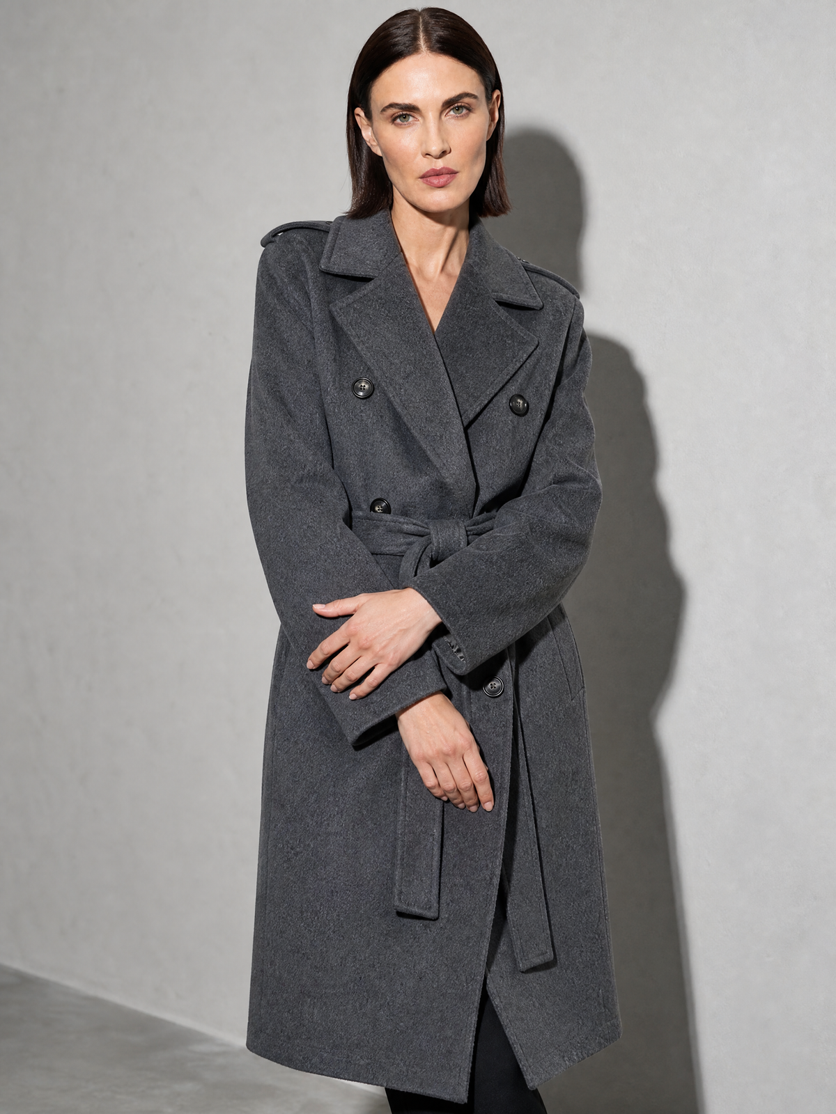 Double-breasted Belted Mid-length Wool Coat in Gray - adjusting view
