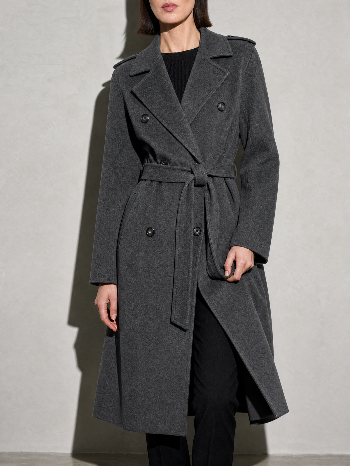 Double-breasted Belted Mid-length Wool Coat in Gray - bust to thigh view
