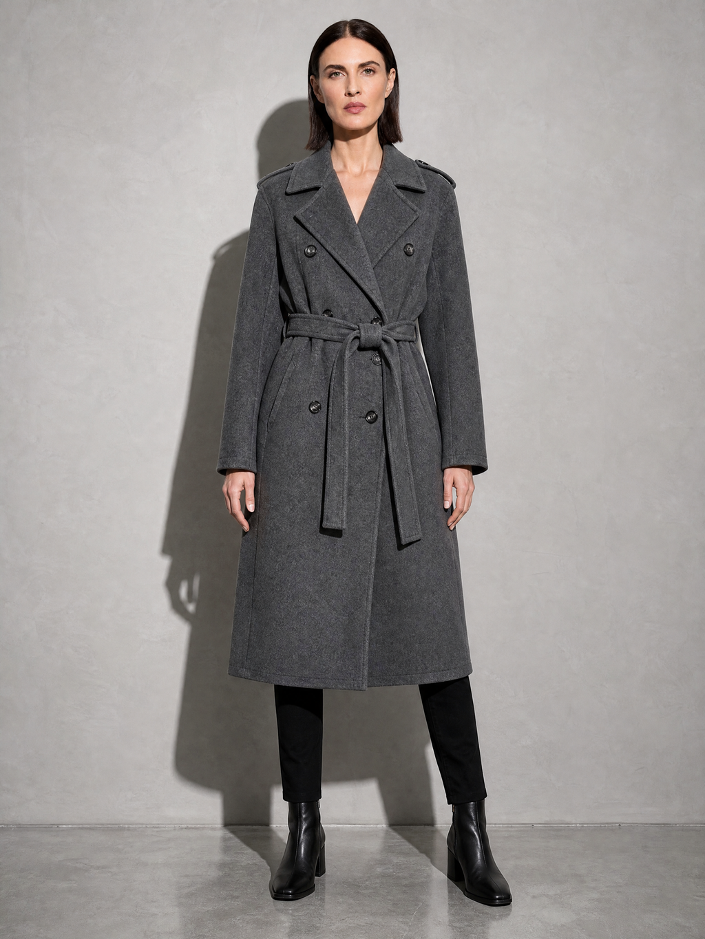 Double-breasted Belted Mid-length Wool Coat in Gray - main view