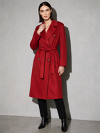 Double-breasted Belted Mid-length Wool Coat in Red - adjusting view