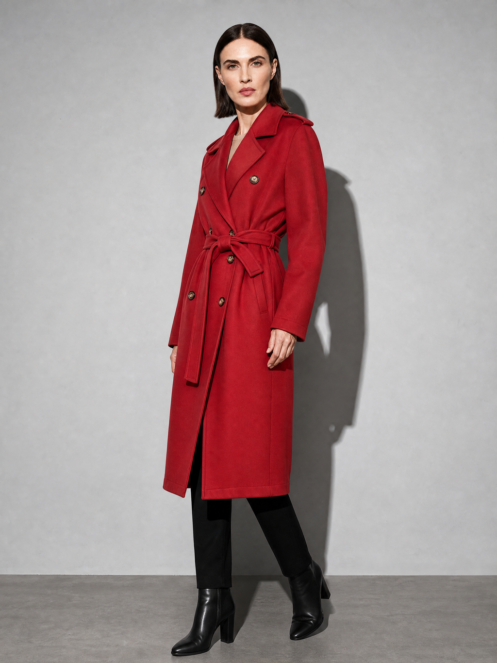 Double-breasted Belted Mid-length Wool Coat in Red - main view