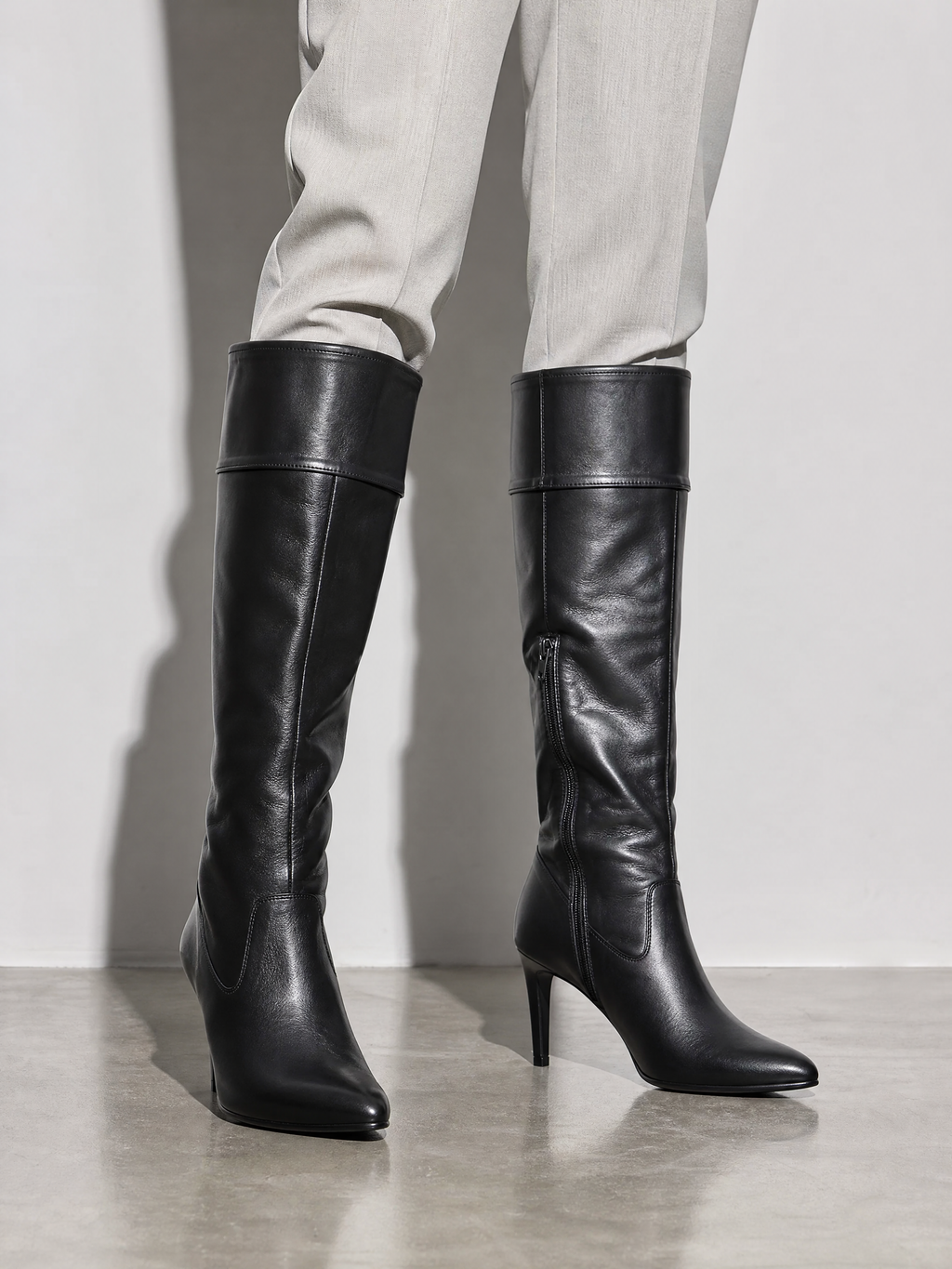 Stiletto boots side zip high heel boots over the knee boots - Black Premium Leather Finish Shoe Worn