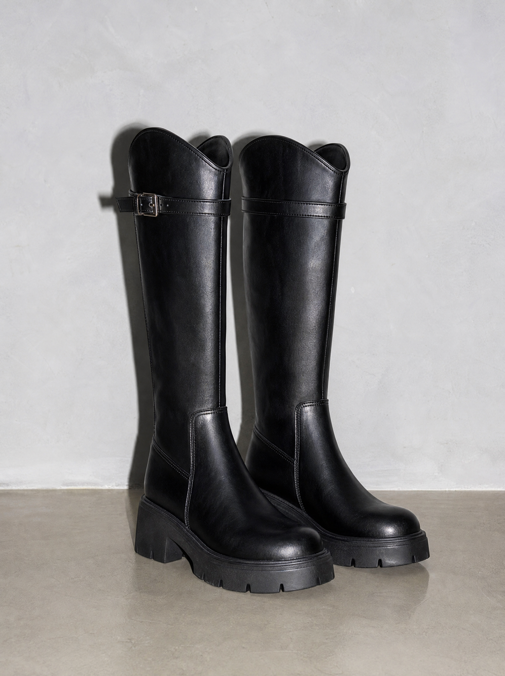 New Versatile Casual Chunky Heel High Boots - Black Standard Cylinder Premium Leather Finish Shoe Angle