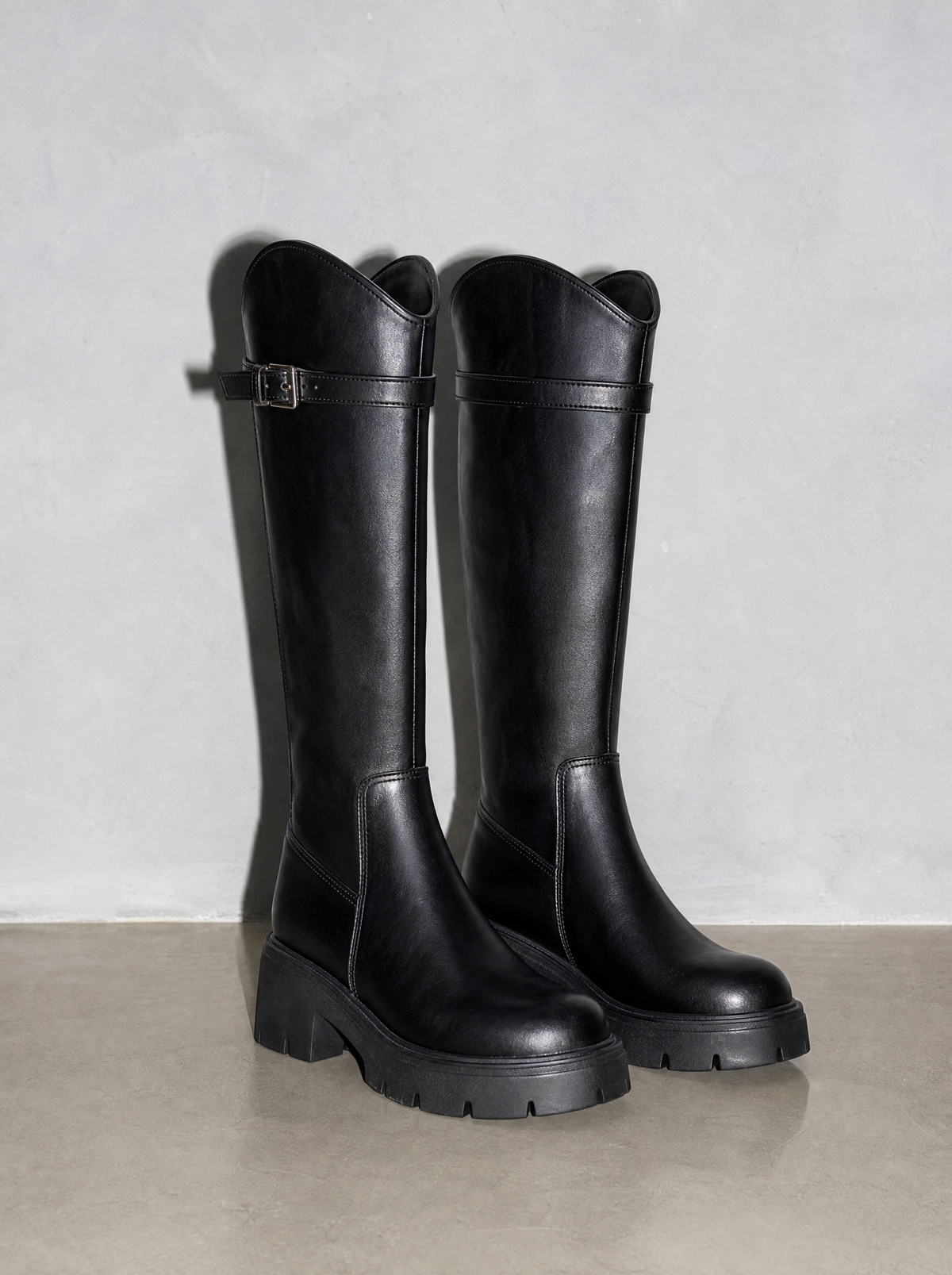 New Versatile Casual Chunky Heel High Boots - Black Standard Cylinder Premium Leather Finish Shoe Angle