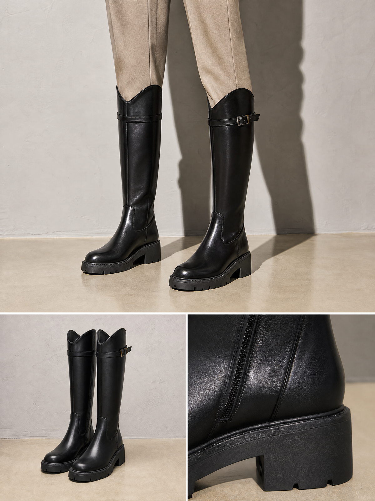 New Versatile Casual Chunky Heel High Boots - Black Standard Cylinder Premium Leather Finish Shoe Worn