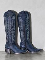 Medium heel 35-43 National Style Embroidered women's Boots - Blue Premium Leather Finish Shoe Angle