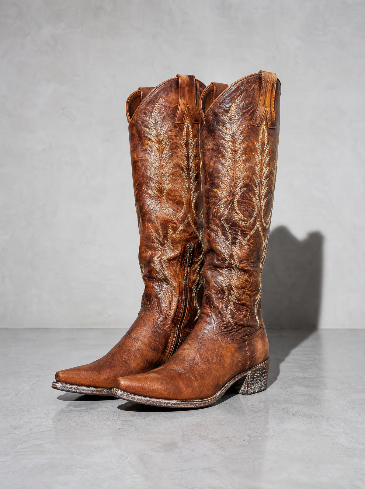 Medium heel 35-43 National Style Embroidered women's Boots - Brown Premium Leather Finish Shoe Full