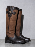 Leather Boots With A Round Toe Thick Sole And Belt Bucklewaterproof - Brown Premium Leather Finish Shoe Macro