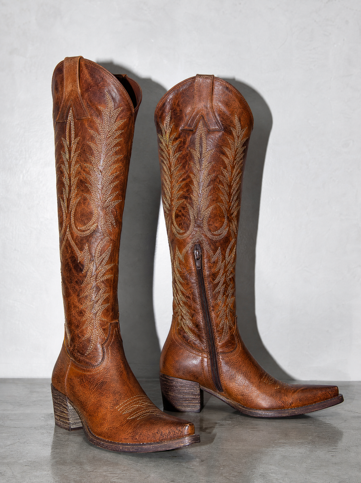 Medium heel 35-43 National Style Embroidered women's Boots - Brown Premium Leather Finish Shoe Macro
