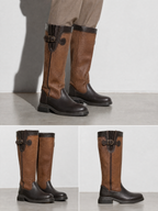 Leather Boots With A Round Toe Thick Sole And Belt Bucklewaterproof - Brown Premium Leather Finish Shoe Worn