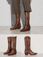 Medium heel 35-43 National Style Embroidered women's Boots - Brown Premium Leather Finish Shoe Worn