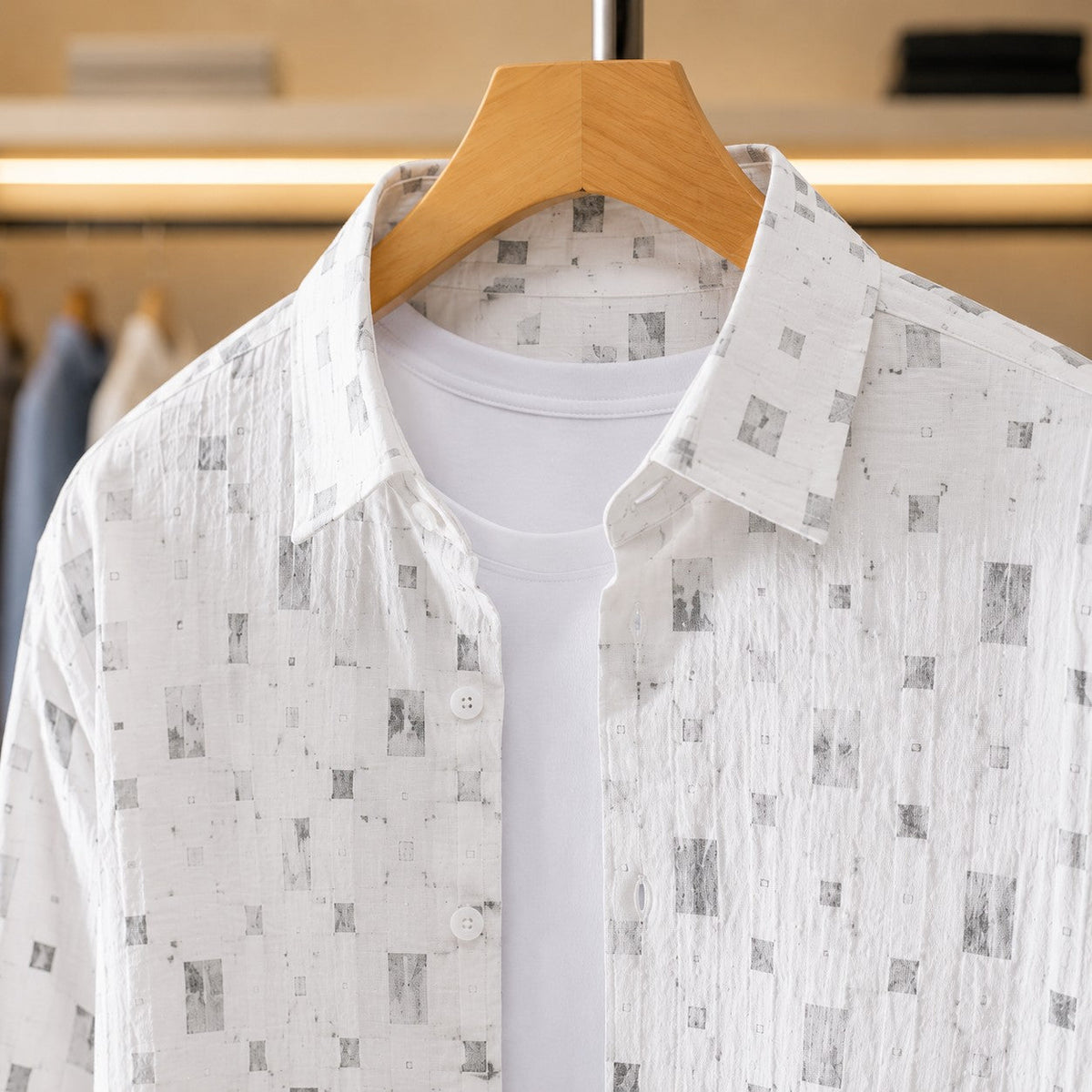 Unisex Shirt with Patchwork Print in Textured Linen