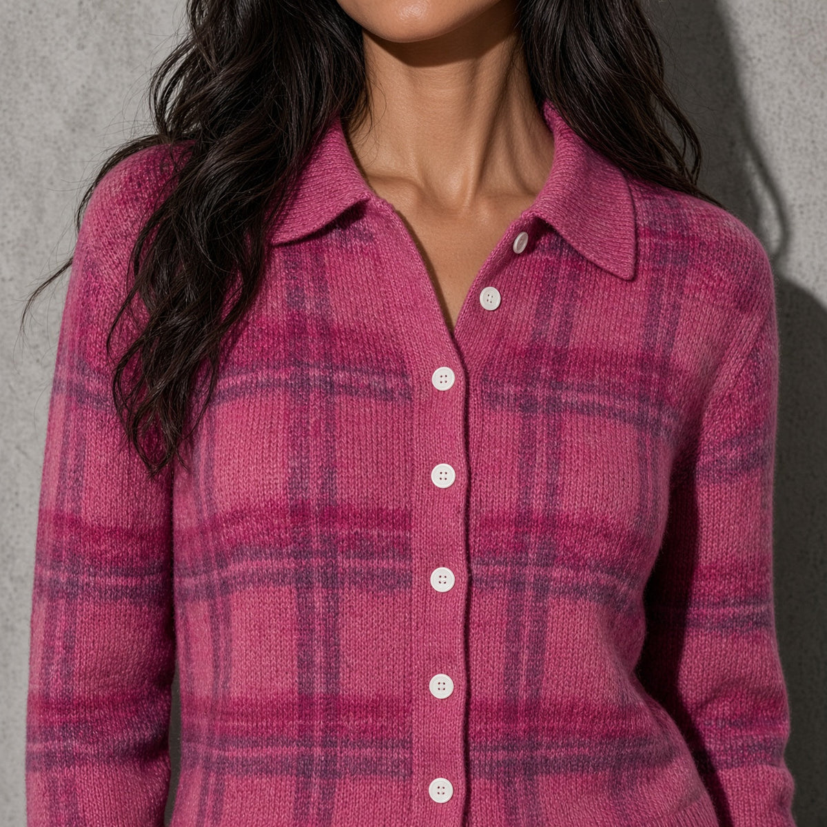 Women's Cardigan Button-Front Longline Shape — Collar & Neckline Detail