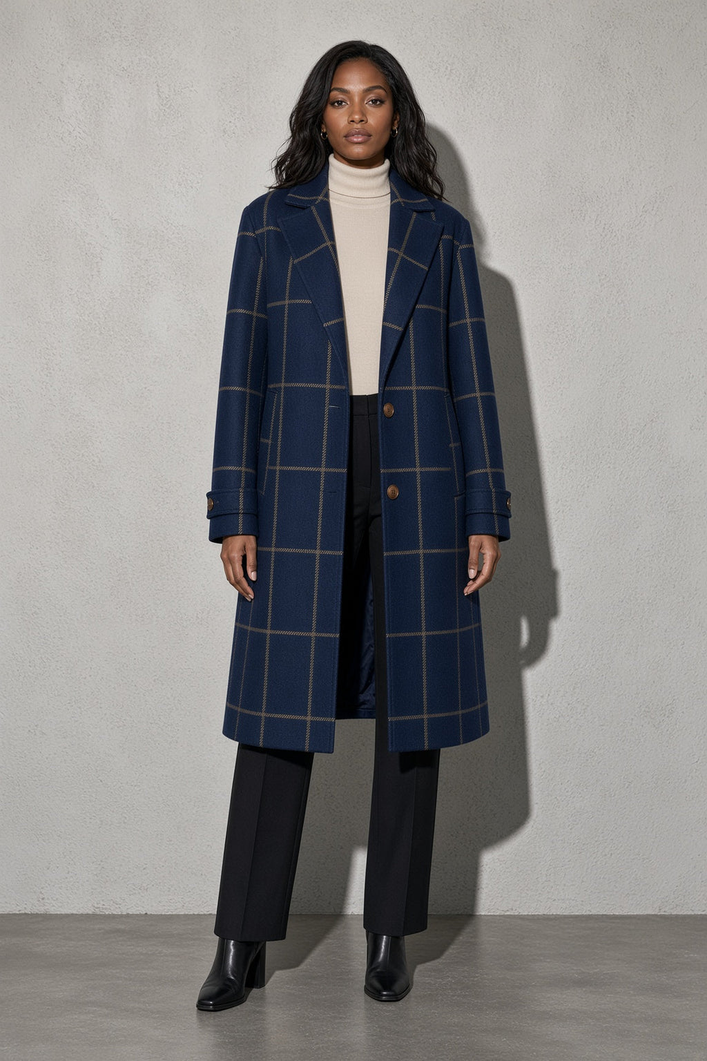 Women's Thick Coat Windowpane Plaid Longline — Back View (Angle 19)